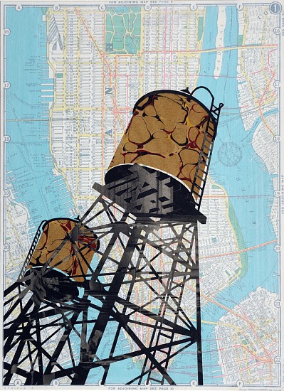 William Steiger, Manhattan Watertowers #2, 2013
Collage of vintage map, found paper and gouache, 15 x 11 inches (38 x 28 cm)