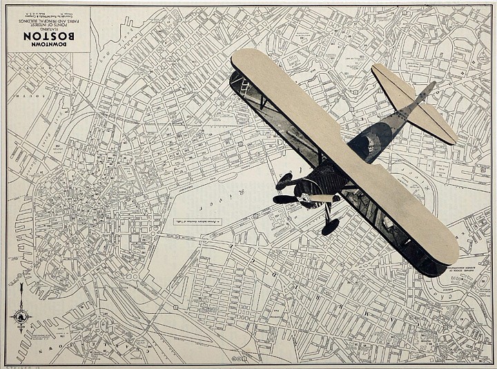 William Steiger, Boston Flyover #3, 2013
Collage of vintage map, found paper and gouache, 12 x 15 inches (30 x 38 cm), Framed: 14.5 x 17.5 inches (37 x 44.5 cm)