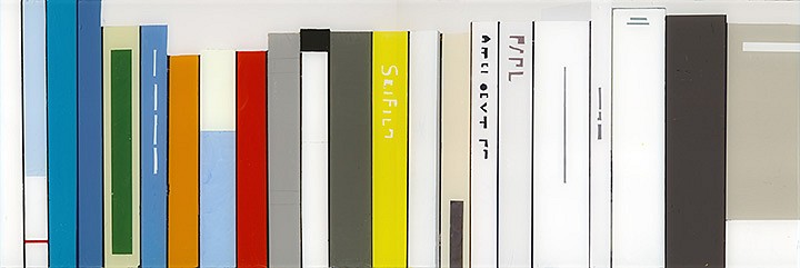 Maria Park, Bookcase 9, 2014
Acrylic on Plexiglas on wall mounted shelving, 7 x 21 inches (18 x 54 cm)