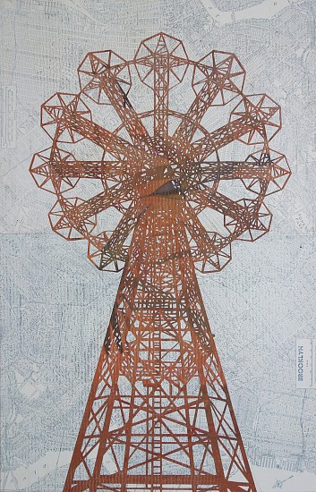 William Steiger, Parachute Jump, 2016
Collage with gouache, glue, found paper, vintage map, on paper, Framed: 22.75 x 16.25 inches (58 x 41 cm)
Sold